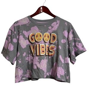 Self Love Good Vibes Tie Dye Crop Top T-Shirt Grey Purple Peace Sign Size M